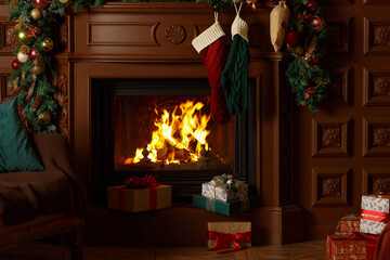 Atmospheric living room decorated for Christmas. Christmas tree with gifts and fireplace in the living room. New Year's interior with fireplace. Christmas eve at home