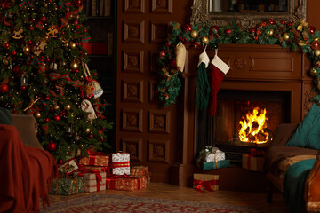 Atmospheric living room decorated for Christmas. Christmas tree with gifts and fireplace in the living room. New Year's interior with fireplace. Christmas eve at home