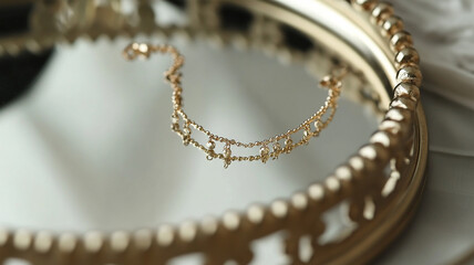 A close-up of a gold anklet with tiny charms, resting on a mirrored tray 