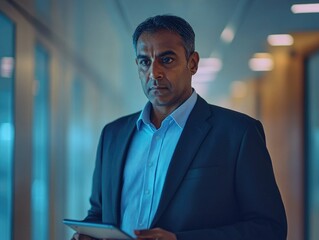 Fototapeta premium Businessman Contemplating Data on Tablet, Waiting Area