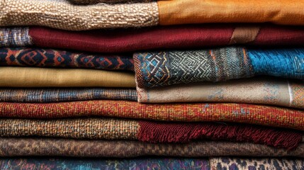 stacked fabric collection, rich color palette, textile layers, organic material study, varied weave textures, raw textile edges, artistic arrangement, clean studio lighting