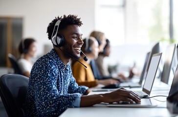 high-quality photo of a Professional call center team with headsets working on laptops in a modern office. Smiling customer support agents providing exceptional service. Diverse and dynamic workplace.