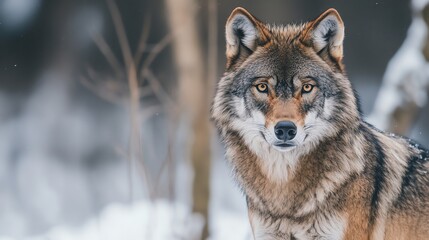 A wolf in a snowy forest.