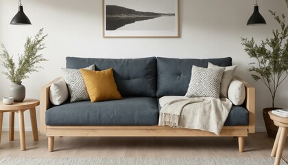 A cozy living room with a dark blue sofa, wooden frame, and a variety of pillows.