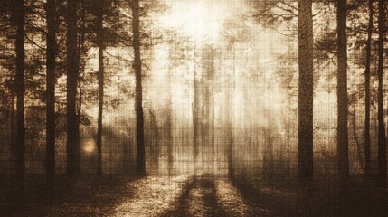 Obraz premium filtered sunlight through screen mesh, ethereal forest shadows, warm sepia tones, textured light pattern, organic bokeh, natural light study, ambient glow effect
