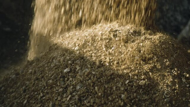 Excavator bulldozer scoop loading crushing stone pieces from pile close up in slow motion, rock crusher plant machine production line in quarry open pit.
