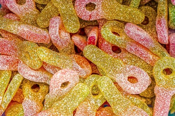 Assorted colorful gummy jelly candies. Top view. Jelly sweets.