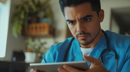 Naklejka premium Focused Doctor on Tablet