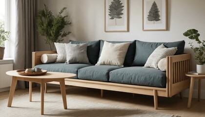  A cozy living room with a dark green sofa, wooden frame, and a variety of pillows.