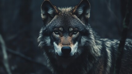 Obraz premium A wolf with piercing eyes stares intensely at the camera from behind a bush of green leaves.