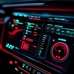Obraz premium Futuristic Dashboard Display with Neon Lighting and High-Tech Interface Showing Data Visualization, Controls, and Graphs in a Dark Environment