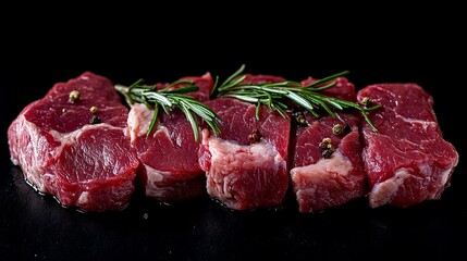 Several pieces of fresh raw meat are arranged neatly on a dark surface, garnished with sprigs of rosemary, highlighting their rich color and quality for cooking enthusiasts