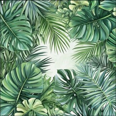 tropical botanical border, mixed palm fronds, large tropical leaves, monstera leaf pattern, pure white central area, realistic plant illustration, layered foliage design, natural green shades