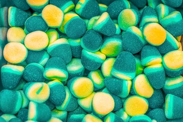 Assorted colorful gummy jelly candies. Top view. Jelly sweets.