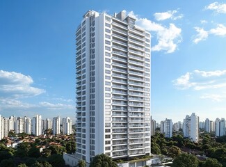 Modern residential skyscraper with white balconies, surrounded by greenery and Cityscape, bright sunny day with blue sky and clouds, luxury urban living, and real estate architecture.