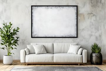 3D-rendered blank poster frame mockup in a Scandinavian-style living room interior with a white sofa, green plant, and modern minimalist design