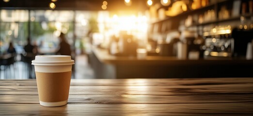 Coffee cup on wooden table in cozy cafÃ© setting, warm sunlight streaming through windows, blurred background of patrons and barista, copy space for text