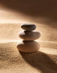 Zen Arrangement of Smooth Stones on Sandy Surface Under Soft Light