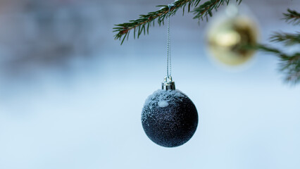 A black Christmas ball on a Christmas tree. A branch of a Christmas tree decorated with a black ball. Christmas background. New Year. Natural background. Snow