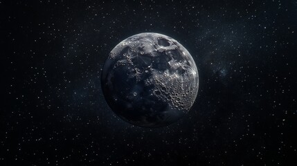 Obraz premium A detailed view of the moon highlights its craters and surface textures against a backdrop filled with twinkling stars in the vastness of space