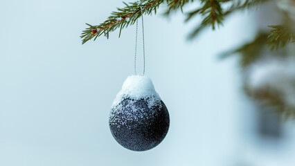 A black Christmas ball on a Christmas tree. A branch of a Christmas tree decorated with a black ball. Christmas background. New Year. Natural background. Snow