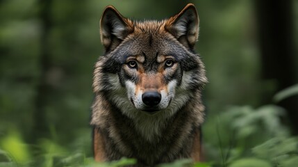 Obraz premium Close-up portrait of a wolf in a forest.