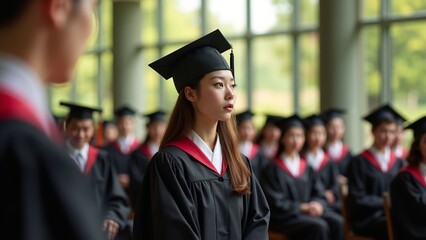Korean Female Graduate Smiling as University Chancellor Hands Her Diploma