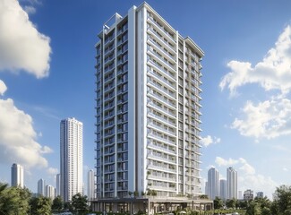 Fototapeta premium Modern residential skyscraper with white balconies, surrounded by greenery and Cityscape, bright sunny day with blue sky and clouds, luxury urban living, and real estate architecture.