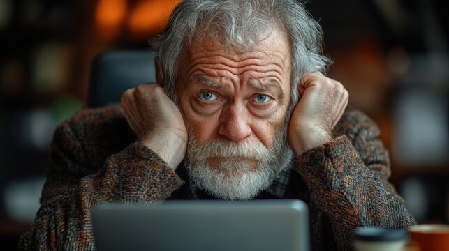 Elderly man with thoughtful expression, resting head on hands, sitting at desk with laptop, introspective mood, loneliness, senior life, and modern technology interaction.