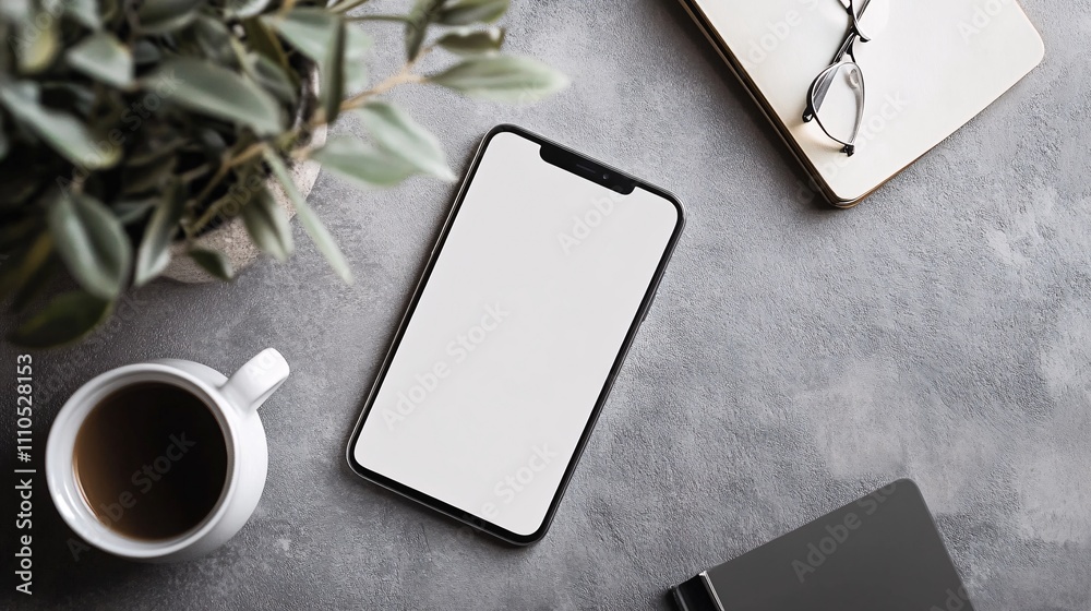 Poster smartphone with blank screen displaying on gray table with coffee, plant, and notebook