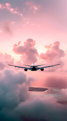 Fototapeta premium the plane flies in pink clouds