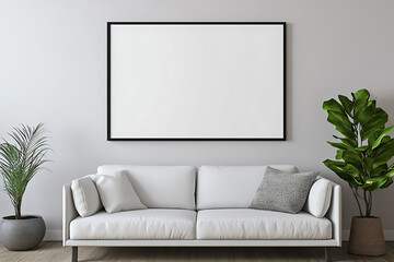 3D-rendered blank poster frame mockup in a Scandinavian-style living room interior with a white sofa, green plant, and modern minimalist design