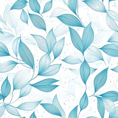 Fototapeta premium ethereal foliage pattern, aqua blue linear leaves, floating botanical elements, scattered dots texture, organic doodle style, dreamy pastel backdrop, continuous line drawing, contemporary nature