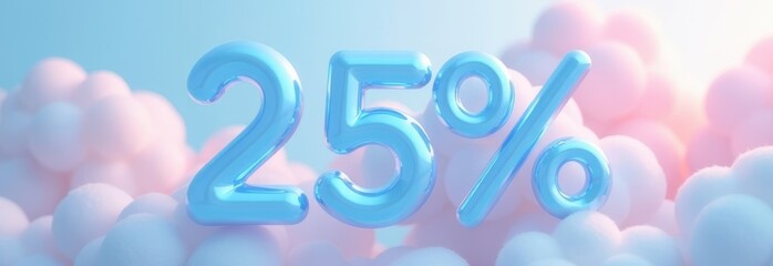 Obraz premium Crystal blue 25 percent sign among fluffy clouds with pastel tones, abstract finance and discount concept