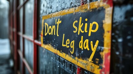 Wet blackboard with "Don't skip leg day" text in rainy weather, street setting, motivational message, workout inspiration, encouragement for fitness goals, and urban background.