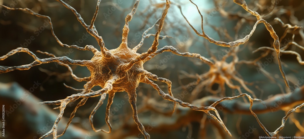 Poster neurons with intricate dendrites and axons, showcasing complex neural network structure, glowing bac