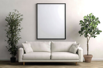 3D-rendered blank poster frame mockup in a Scandinavian-style living room interior with a white sofa, green plant, and modern minimalist design