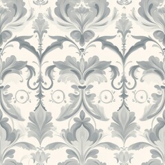 elegant baroque floral damask, soft grey swirls, delicate flower motifs, ornate botanical pattern, classical victorian design, seamless nature ornament, flowing curves, vintage decorative style,