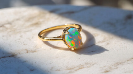 Under gentle sunlight, an opal gemstone ring is shown on a white marble surface. 