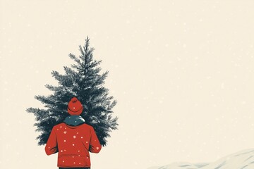 Illustration of man wearing red carrying big Christmas pine tree