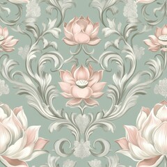baroque floral damask pattern, ornate lotus flowers, silver feathered foliage, sage green background, blush pink blooms, symmetrical design, elegant curved stems, intricate scrollwork, vintage