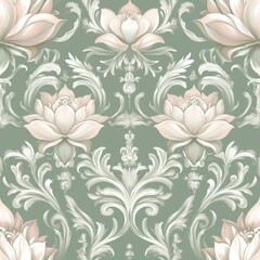Fototapeta premium baroque floral damask pattern, ornate lotus flowers, silver feathered foliage, sage green background, blush pink blooms, symmetrical design, elegant curved stems, intricate scrollwork, vintage
