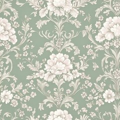 antique wallpaper design, baroque floral scrolls, silver leaf tendrils, soft pink blossoms, sophisticated damask motif, elegant botanical pattern, sage green base, ornate repeating elements, delicate