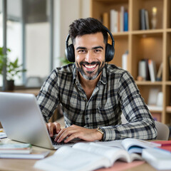 Focused Man Studying with Headphones at Home Office