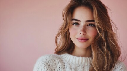 Beautiful young woman with wavy auburn hair, natural smile, and casual white sweater against a soft pink background, fresh and vibrant portrait, beauty and lifestyle