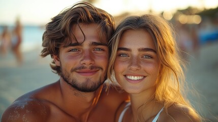 Joyful young couple with tanned skin smiling closely on a sunny beach, natural lighting, carefree summer atmosphere, love and connection in a vibrant outdoor setting