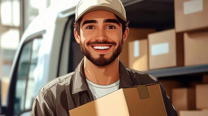 Happy delivery man in blue uniform holding cardboard box outdoors with a confident smile, friendly courier, professional service, shipping, modern logistics, urban worker