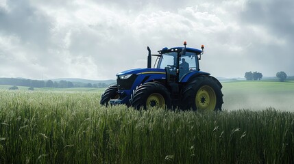 Obraz premium Farmer in a blue tractor driving through a field of high grass, overcast weather