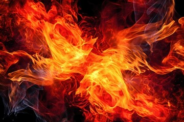 Fototapeta premium A captivating image of flames roaring against a black backdrop, with a mix of bright orange and fiery red colors. The flames are full of energy and life