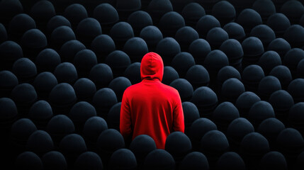 Fototapeta premium Delegation and leadership, striking red figure stands out amidst sea of black silhouettes, symbolizing individuality and isolation.